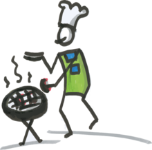 Zeichnung: Mensch mit Kochmütze grillt.