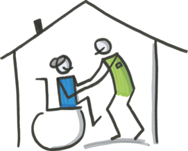 Zeichnung: Person unterstützt eine Frau im Rollstuhl in ihrem Zuhause. 